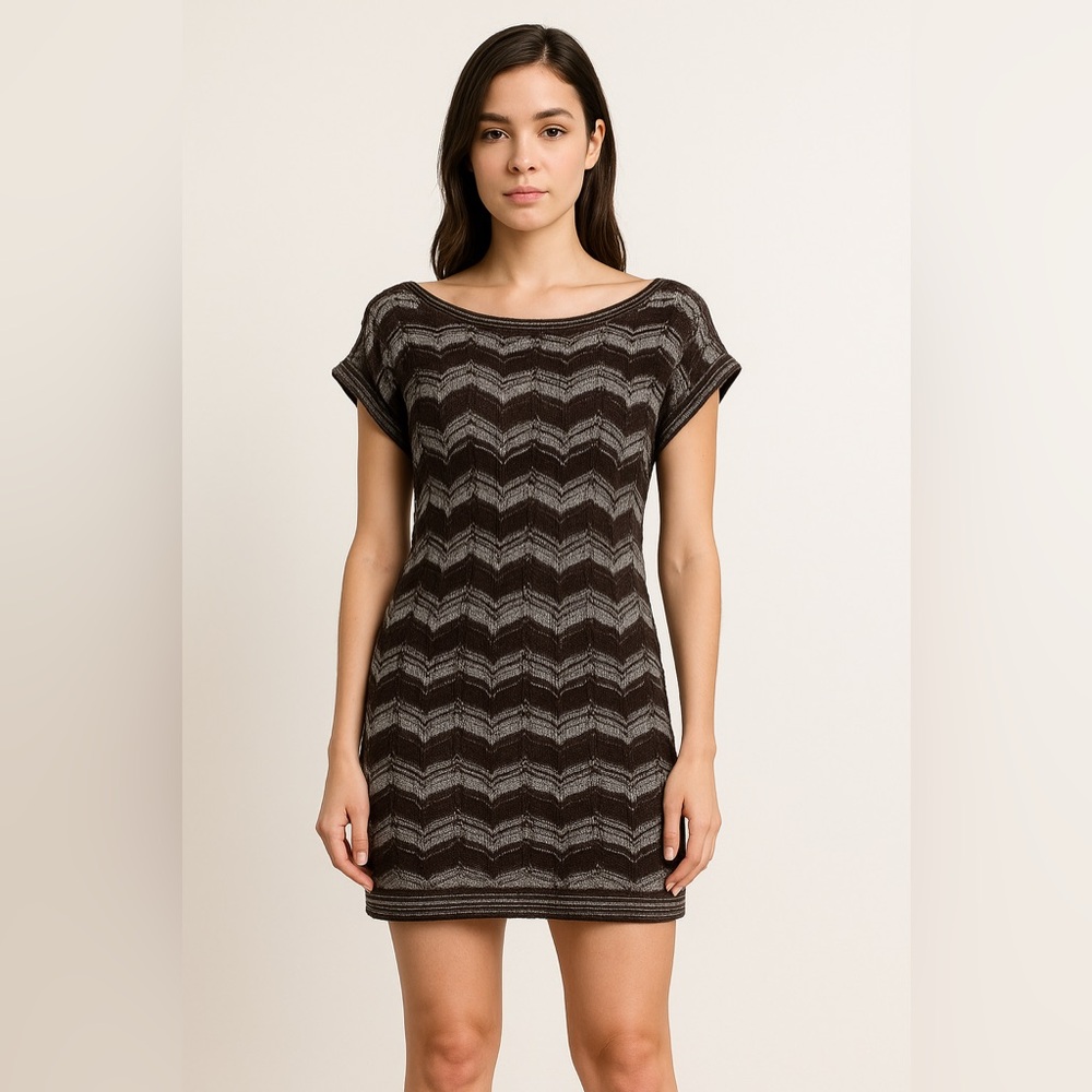 Missoni Made in Italy Chevron Knit Short Mini Dress / Tunic V Back High Neck Y2K